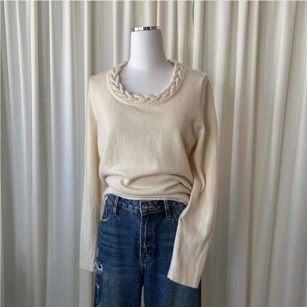 Charter Club 2-ply 100% Cashmere Cream Sweater Braided Crewneck Soft Knit Large.